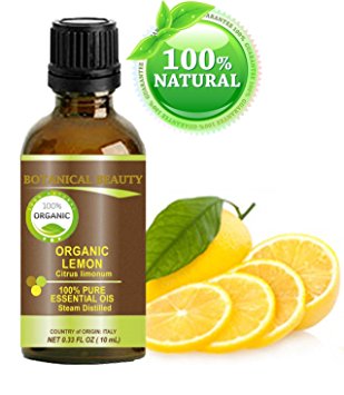 LEMON Essential Oil ORGANIC. 100% Pure Therapeutic Grade, Premium Quality, Undiluted. 0.33 Fl.oz.- 10 ml. by Botanical Beauty.