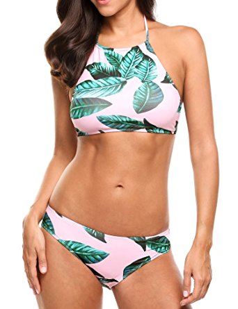 Acecor Women’s Sexy Leaf Floral Print Halter High Waist Two Pieces Swim Beach Bikini Set