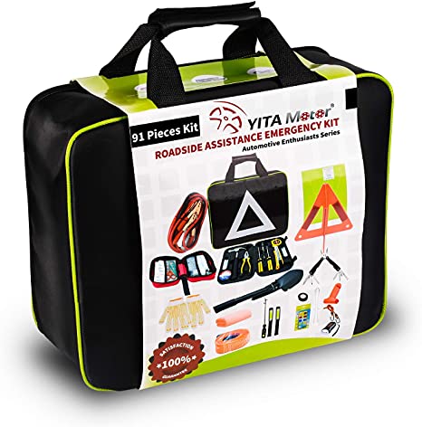 YITAMOTOR Car Emergency Kit Roadside Toolkit with 10ft Jumper Cables, Reflective Warning Triangle, Bungee Cords, Safety Vest, Folding Shovels, Function Multi-Tool, Cleansing Wipes, ect, 91 Pack