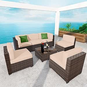 yoyomax 7-Piece Outdoor Patio Furniture, All-Weather Sectional PE Rattan Manual Weaving Wicker Glass Table&Cushion, 7PCS Conversation Sofa Set, Light Brown