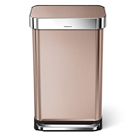 simplehuman Rectangular Step Trash Can with Liner Pocket, Rose Gold Stainless Steel, 45 L / 11.9 Gal