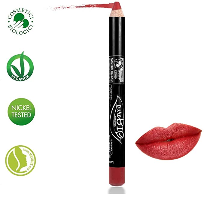PuroBIO Certified Organic Highly-Pigmented and Long-Lasting ALL-in-ONE Lipstick, Blush, Lip Liner NO 16 Pompeian Red. Made with Apricot Oil, Soy Oil. ORGANIC.NICKEL TESTED. MADE IN ITALY.