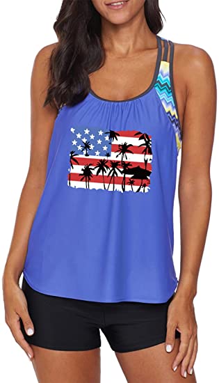 Aleumdr Womens Blouson Striped Printed Strappy T-Back Push up Tankini Top with Shorts