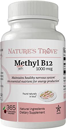 Vitamin B12 Methylcobalamin 1000 mcg, 365 Count, B12 Chewable Vitamins, Cherry Flavor, by Nature’s Trove