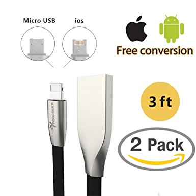 Lightning Micro USB Cable 2-Pack for Travel, Roopower 2-in-1 3.3ft Rugged iPhone&Micro USB Dual-side Charger for Cellphone,Tablet, Power Bank, GPS and More White & Black