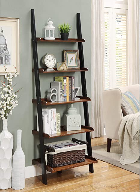 MISC 6ft Brown Black Leaning Bookcase Ladder Shelf Wood 5 Tier Bookshelf Tilted Against Wall Slanted Display Stand Bedroom Office Living Room Vertical Shelving for Farmhouse Mid-Century Home, Veneer