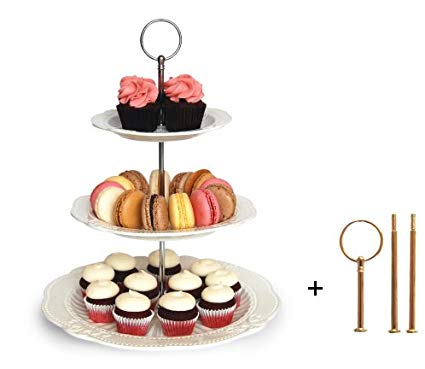 Interchangeable 2 or 3 Tier Cake Cupcake Dessert Display Stand - Perfect for Entertaining - Elegant Serving Platter Includes Silver and Gold Hardware