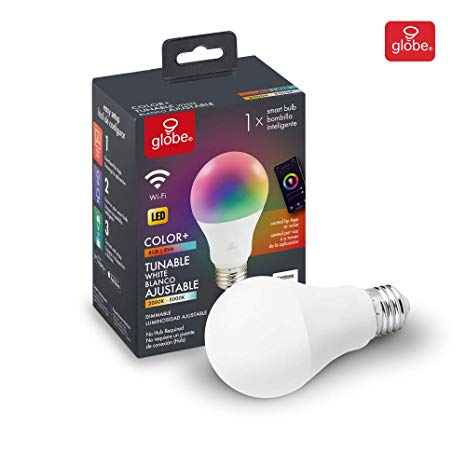 Globe Electric Wi-Fi Smart 10 Watt (60W Equivalent) Multicolor Changing RBG Tunable White Dimmable Frosted LED Light Bulb 1-Pack, No Hub Required, 2000K - 5000K, A19 Shape, E26 Base 34212