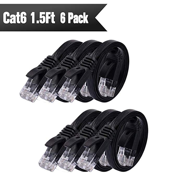 Cat 6 Ethernet Cable 1.5ft 6Pack (At a Cat5e Price but Higher Bandwidth) Cat6 Internet Network Cables - Flat Ethernet Patch Cable Short - 1.5 ft Computer Cable Black