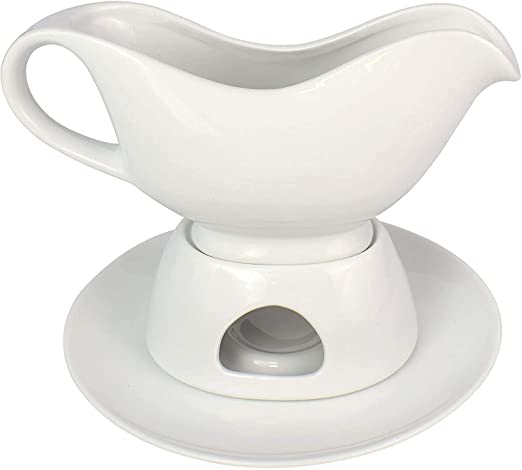 KOVOT 13 Ounce Gravy Boat, Warming Stand & Tray | Ceramic White Gravy Dish With Tealight Warming Option