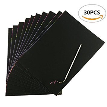 30 Scratch & Sketch Art papers, Scratch Art Rainbow With Three Wood Stylus Tools,Use your imagination and act boldly,Display all kinds of DIY works