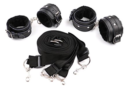 REAL LEATHER Under Bed Restraints with Real Leather and Fur Lining Handcuffs, Ankle cuffs and under the bed straps by BLISS BOUNDARY