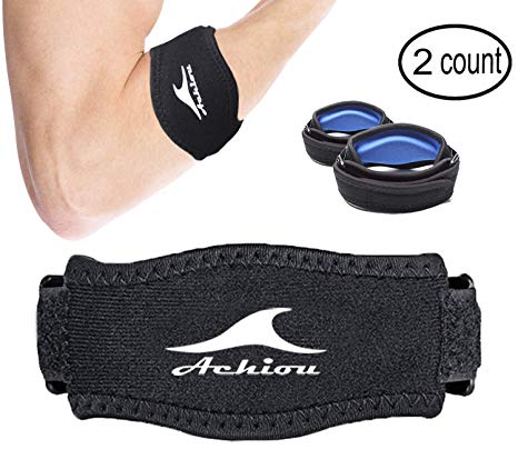 Achiou Tennis Elbow Brace for Tendonitis (2 Pack) with Compression Pad,Prevent Golfer's,Squash,Hyper Extension,Fishing,Weightlifting,Elbow Pain Relief,Includes Two Adjustable Elbow Support Braces