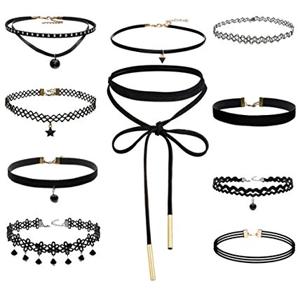 Velvet Chokers Necklaces, Outee 10 Pieces Black Stretch Tattoo Bead Star and PU Triangle Chokers Necklaces