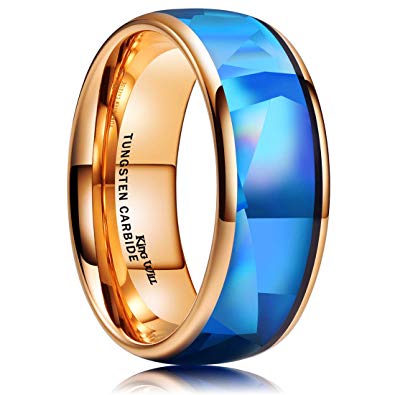 King Will Men's 4mm 6mm 8mm Silver/Rose Gold Tungsten Carbide Ring Inlaid Triangle White/Blue Opal Sticker Dome Wedding Engagement Band