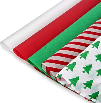 Blisstime Christmas Tissue Paper Gift Wrapping Paper, 200 Sheets, 13.5" X 19.5", White, Red, Green, Red Stripe, Christmas Trees Design