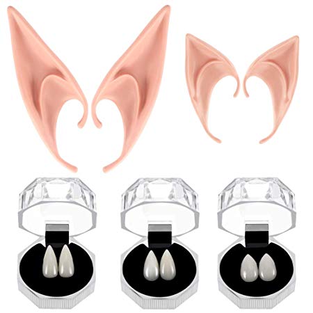 VAMEI 5 Pairs Elf Ears Vampire Fangs Halloween Vampire Costume Accessories Party Favors Cosplay Soft Pointed Fairy Elven Ears