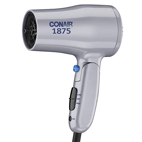 Conair 1875 Watt Compact Hair Dryer with Folding Handle, Dual Voltage Travel Hair Dryer, Grey