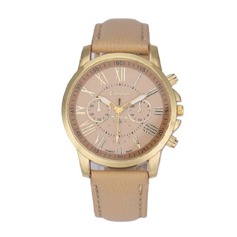 Tenworld Women Lady Girl Gift Analog Quartz Faux Leather Wrist Watch (Beige )
