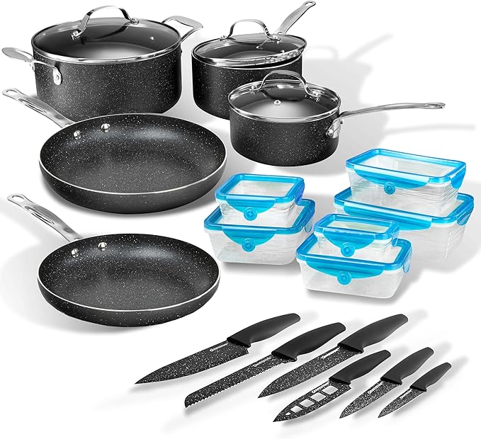 Granitestone 26 Pc Pots and Pan Set with Sharp Nutribade Knife Set + Stretch & Fresh Storage Containers, Non Stick Cookware Set, Pots and Pans Set, Pot Set, Dishwasher Safe, 100% PFOA Free…
