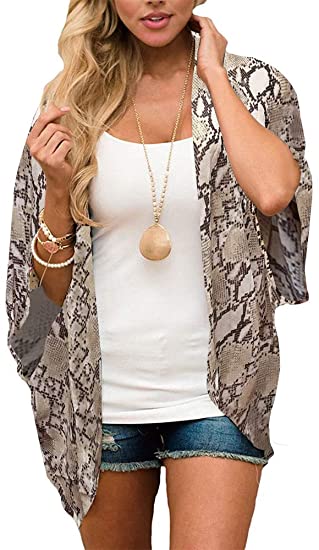 Women's Floral Print Puff Sleeve Kimono Cardigan Loose Cover Up Casual Blouse Tops