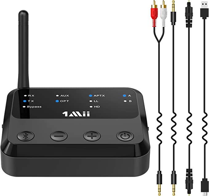 1Mii Long Range Bluetooth 5.2 Transmitter Receiver for TV, PC, Bluetooth Audio Adapter for Headphones/Home Stereo with AptX Adaptive/Low Latency/HD, Volume Control, Dual Link, Optical, 3.5mm AUX, RCA