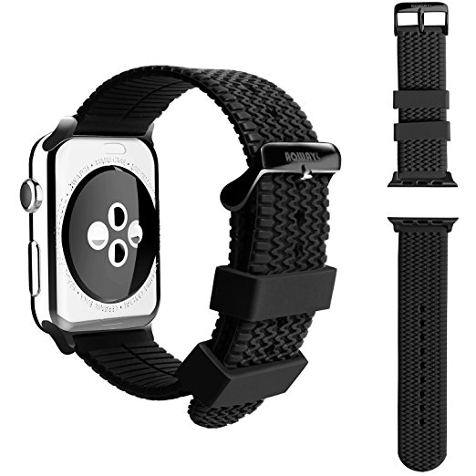 Apple Watch Band TIRE TREAD Sport Silicone iWatch Band by Aoways / Rugged Rubber with Space Adapters for ALL Apple Watch Series 2, Series 1, Sport and Edition, Black Buckle 42mm