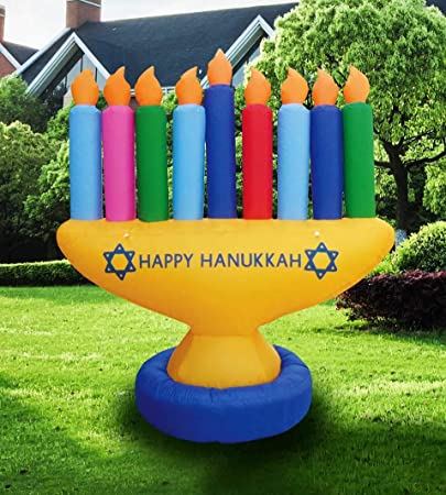 Zion Judaica Inflatable Lawn Hanukkah Menorah Indoor Outdoor Decoration with LED Night Glowing Lights - 7' Tall (Multi-Color)