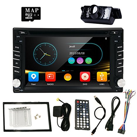 HIZPO Universal In Dash DVD Receiver Car GPS Stereo Radio Double 2 Din Multi-Touch Capacitive Screen   Backup Camera