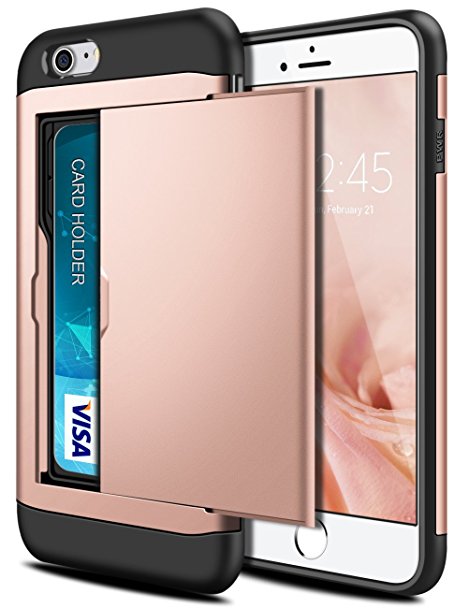 iPhone 7 Case, SAMONPOW Hybrid iPhone 7 Wallet Case Card Holder Shell Heavy Duty Protection Shockproof Defender Anti-Scratch Soft Rubber Bumper Cover Case for iPhone 7 - Rose Gold