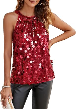 GRACE KARIN Halter Sequin Tank Tops for Women Sleeveless Sparkly Glitter Club Outfits Ruched Flowy Shiny Party Concert Shirt