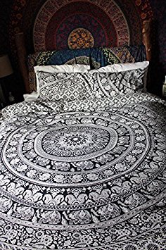 New Exclusive Range of Black and White Queen Size Duvet Cover Set With Pillow Covers By "The Boho Street", Indian Reversible Quilt Cover Flower Coverlet Bohemian Doona Cover Handmade 84" x 94"