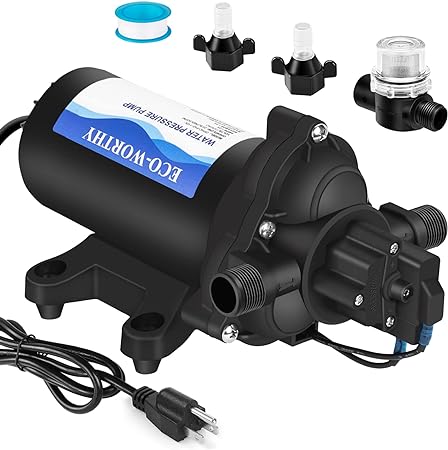 ECO-WORTHY 33-Series Water Pressure Diaphragm Pump Industrial 110V AC 4.0GPM Flow 50PSI Rated Pressure Self Priming RV Fresh Water Pump for Camper Kitchen Bathroom Marine Yacht Caravan