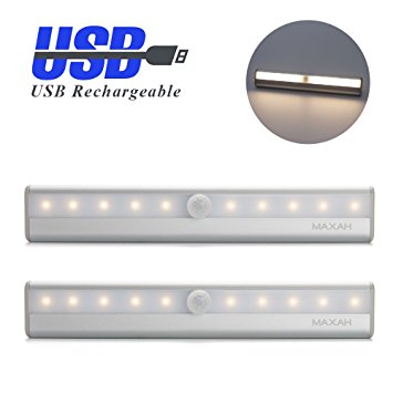 MAXAH® 2 Pcs LED PIR Motion Sensor Light Bar Rechargeable Portable USB Charging Wireless Auto Motion Infrared Sensing Light for Closet Cabinet Cupboard Drawer Wardrobe Staircase Night Light Wall Lamp with Magnetic Strip (USB Rechargeable, Warm white)