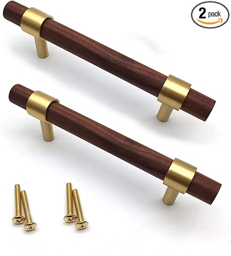 Drawer Pulls,2-Pack, Walnut Drawer Pulls Luxury Materials 3.78" Center Distance Wooden Cabinet Pulls with Brass Base