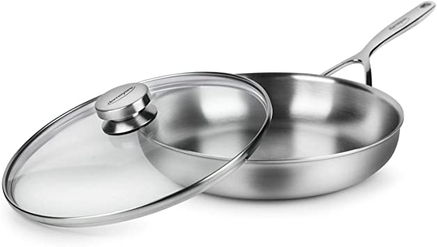 Demeyere 11" Fry Pan with Glass Lid - 5-Plus Series - 5-ply Stainless Steel, Made in Belgium