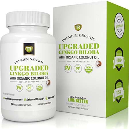 UPGRADED Ginkgo Biloba Extract W/ Organic Coconut Oil For Highest Absorption - 120mg Vegetarian Soft Gels - 60 Capsules by TR Supplements