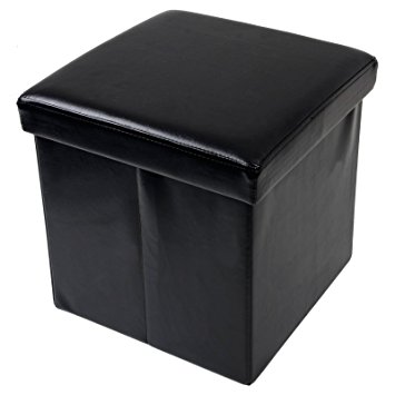 Folding Storage Stool With Lid Black Faux Leather 38cm Cube Pouffe Seat Ottoman