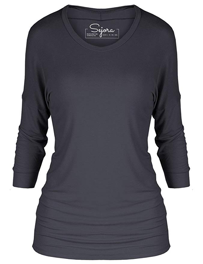 Sejora 3/4 Long Sleeve Dolman Tunic Top Batwing Shirt - Many Colors & Sizes