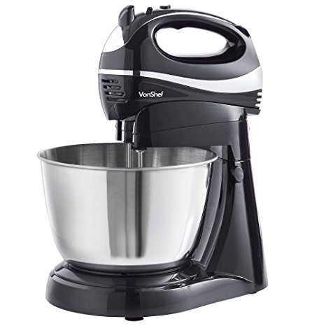 VonShef 2 in 1 Twin Hand and Stand Mixer, Black, 300W, Free 2 Year Warranty, with 5 Speeds & Turbo Function includes 3.5L Bowl, 2x Beaters, 2x Dough Hooks & Whisk