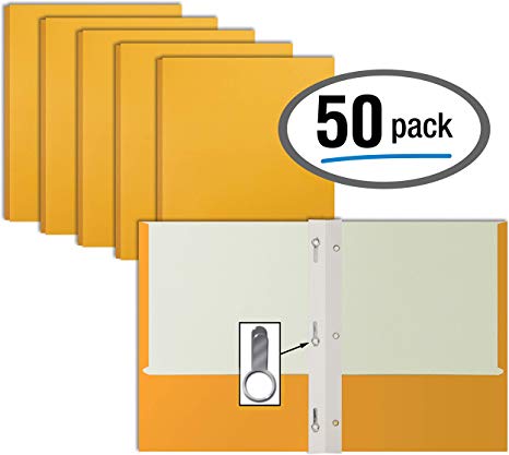 Dark Yellow Paper 2 Pocket Folders with Prongs, 50 Pack, by Better Office Products, Matte Texture, Letter Size Paper Folders, 50 Pack, with 3 Metal Prong Fastener Clips, Dark Yellow