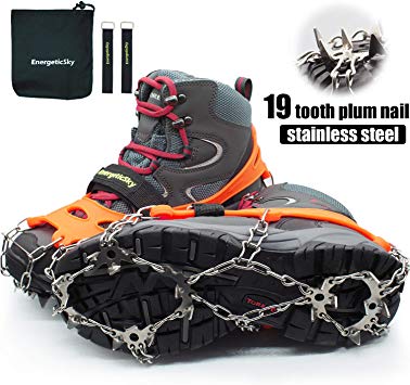 Ice Cleats Crampons Traction Snow Grips for Boots Shoes Adults or Kids, Anti-Slip Stainless Steel Spikes & Durable Silicone Safe Protect for Hiking Fishing Climbing and Mountaineering (Including Portable Carry Bag & Adjustable Strap)