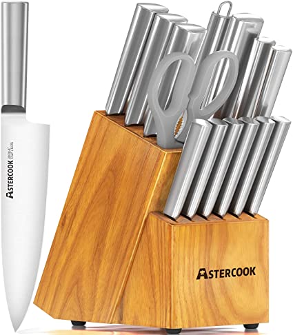 Knife Set, 15 Pieces Hollow Handle Kitchen Knives Set with Block Wooden, Chef Knife Set with Knife Sharpener, Steak knives, German Stainless Steel Knife Set and Scissors，a Gift Box of Cutlery Set (1)