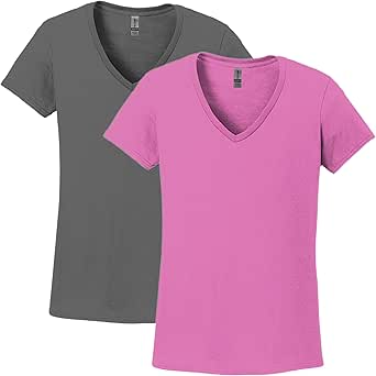 Gildan Women's Heavy Cotton V-Neck T-Shirt 2-Pack XL-Azalea-Charcoal