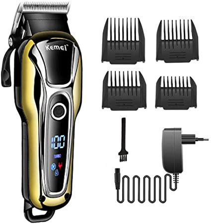 KEMEI Hair Clippers for Men, Professional Cordless Self Hair Cutting and Beard Trimmer, Mens Grooming Shaving Machine Rechargeable Haircut Kit with Obtuse-Blade LED Display,Gold