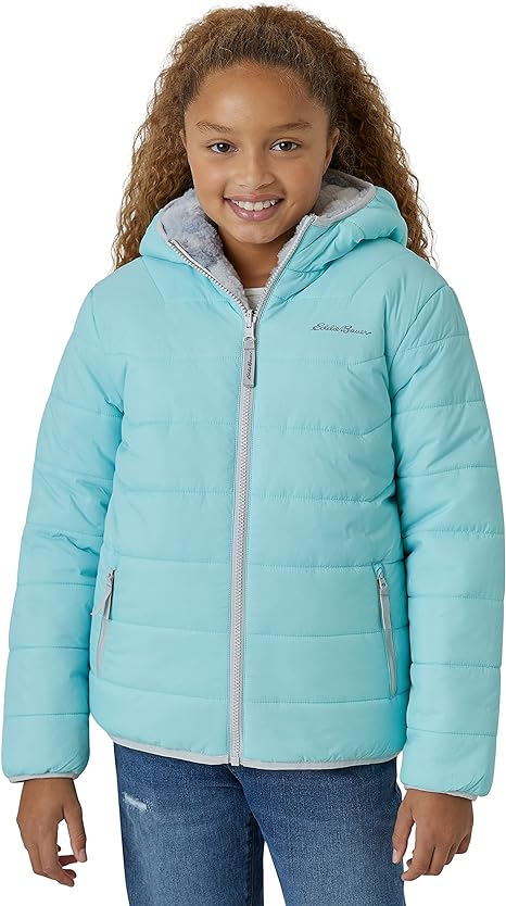 Eddie Bauer Girls' Reversible Jacket - Deer Harbor Waterproof Lightweight Puffer Coat with Faux Shearling Lining (5-20)