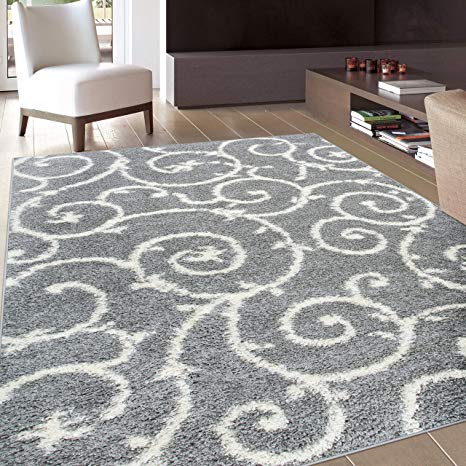 Rugshop Cozy Contemporary Scroll Indoor Shag Area Rug, 7'10" x 10', Light Gray/White