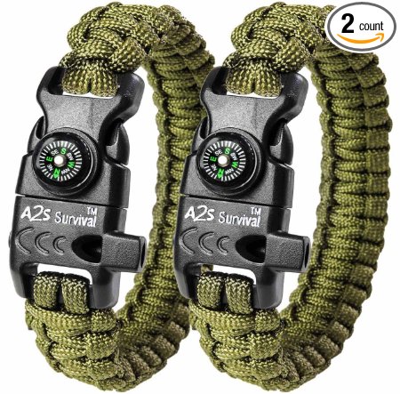 A2S Paracord Bracelet K2-Peak – Survival Gear Kit with Embedded Compass, Fire Starter, Emergency Knife & Whistle – Pack of 2 - Slim Buckle Design