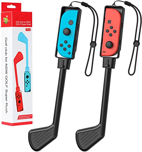 MoKo Golf Clubs Fit with Switch/Switch OLED Model (2021) Mario Golf: Super Rush Golf Hand Grips Game Accessories Kit Fit with Joy-Con Controller 2 Pack with Rotatable Golf Rod &Wrist Strap, Black