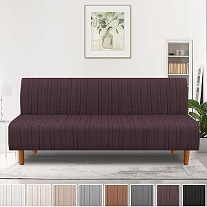 H.VERSAILTEX Stretch Futon Slipcover Armless Sofa Cover Furniture Protector Without Armrests Slipcover Soft with Elastic Bottom for Kids, Spandex Jacquard Modern Stripe Design, Chocolate